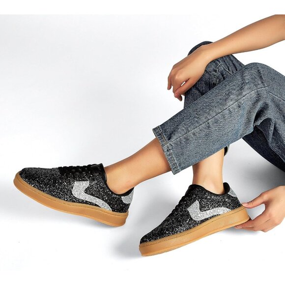 Lucky Step Women Black Sparkly Bling Shiny Dressy Bedazzled Bridal Sneakers - Picture 8 of 9